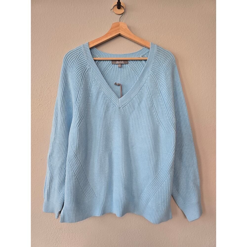 Marled Sky Blue V Neck Knit Sweater Size M Soft Ribbed NWT Cozy Minimalist